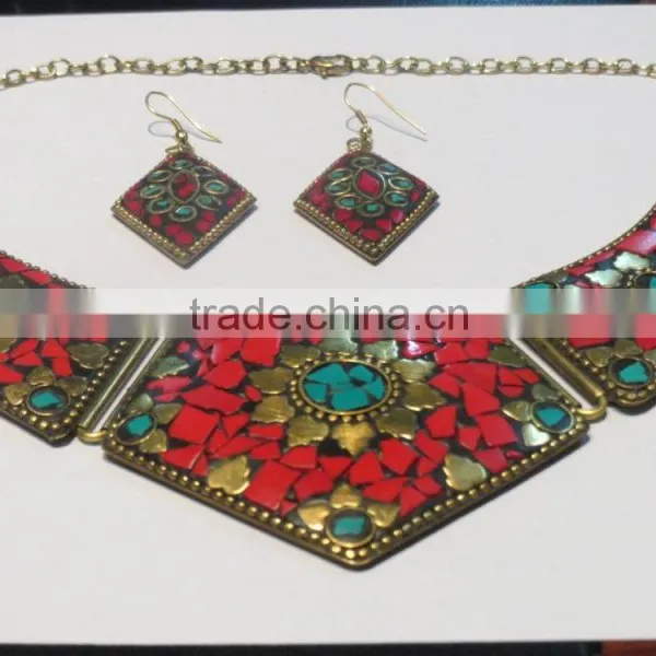 Processed Coral Fashion Jewelry Tibetan Style Mosaic Work Statement Necklace and Earrings photo-5