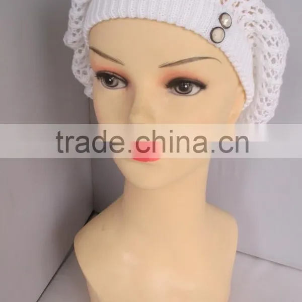 New Arrive Button Decoration Elegant White Crochet Knit Winter Hat photo-4