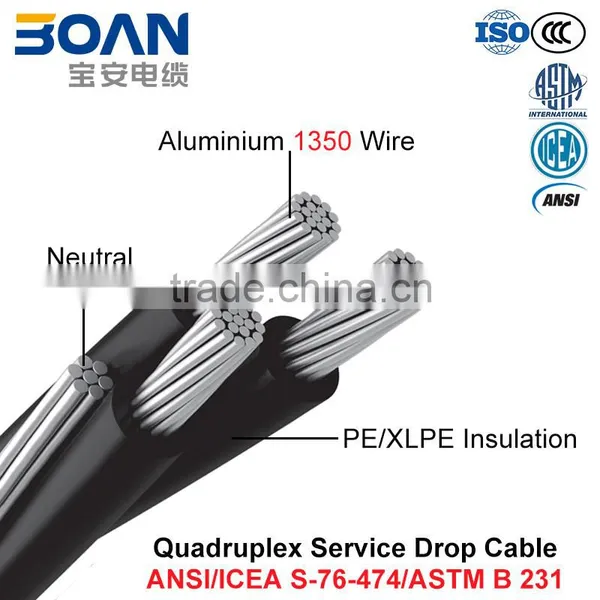Quadruplex Service Drop Cable, AAC/AAAC/ACSR Neutral, Twisted 600 V Quadruplex (ANSI/ICEA S-76-474)