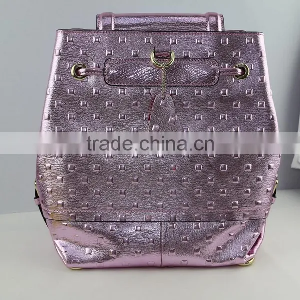 Stylish Shinning Pink Leather Cute Girls Small Daily Leisure Backpack photo-3