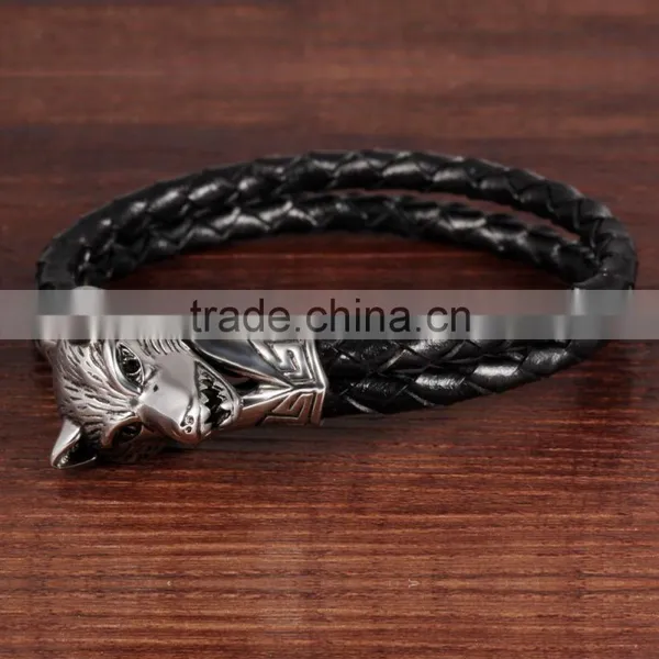 Men Stainless Steel Wolf Bracelet , Braided Black Leather Bracelet photo-3