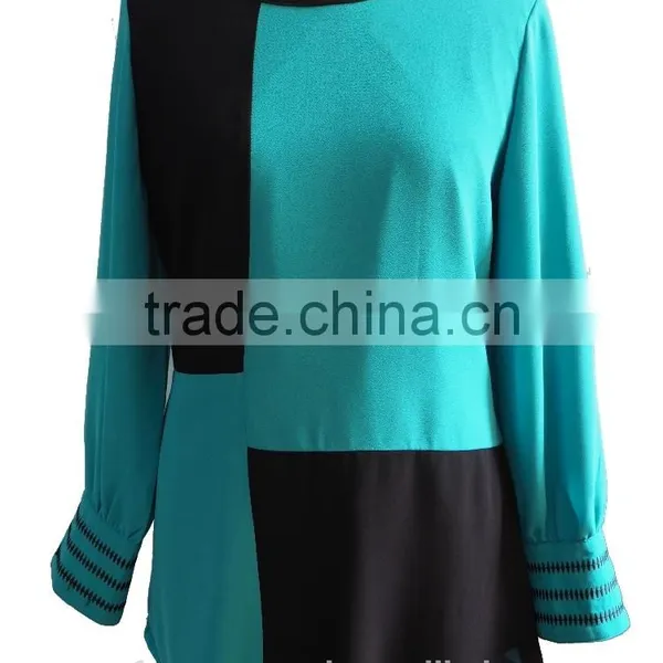 Round Collar Long Sleeve Chiffon With Black Square Blouse Tunic Dress