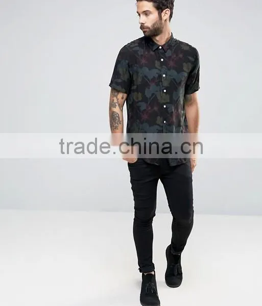 Guangzhou High Quality Custom Short Sleeve Point Collar Mens 100% Cotton Dobby Casual Printed Pattern Shirts photo-4