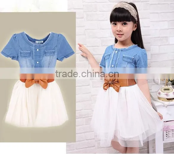 Baby Girl's Kids Children Fashion Princess Denim And Tulle Stitching Bow Dress Skirt With Belt 3-8Y SV001489 photo-4