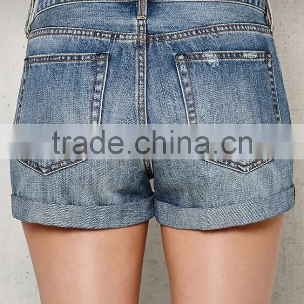 Blue Ripped Cuffed Denim Custom Sports Shorts for Women photo-3