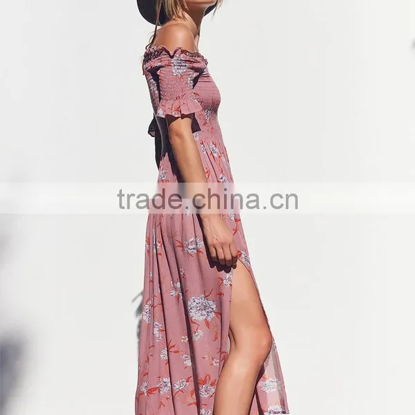 Lady's Smocked Dress With Slit off the Shoulder Floral Long Maxi Dresses photo-3