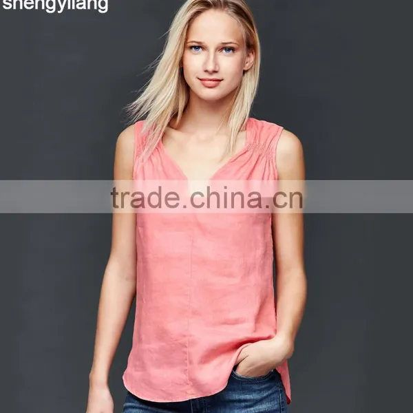 2016 Newest Product Pure Color Leisure 100% Linen Vest Custom High Quality Comfortable Ladies Tops photo-3