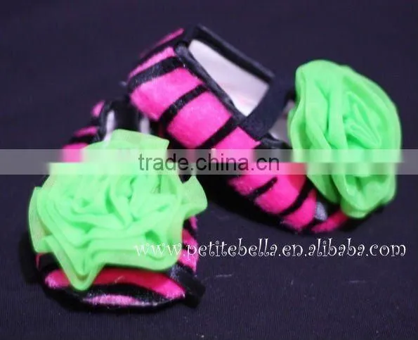 Hot Pink Zebra Print Shoes With Lime Green Rosettes Pettishoes Crib Shoes MAS31