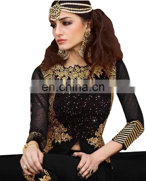 Stylish Women's Black Color Party Wear Anarkali Suits With Flairs Dress Material 2017 (Semi-Stitched) photo-2