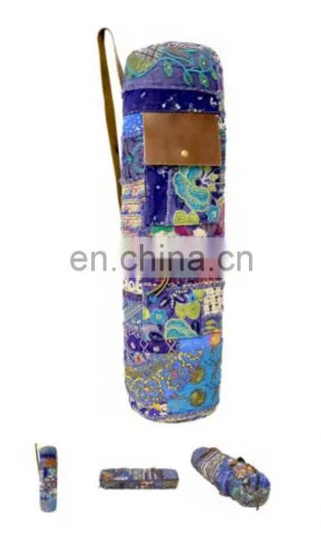 LEATHER Cross Body Yoga Bag Purse Banjara Style Yoga Bag Yoga Met Bag Ethnic Hand Embroidered Vintage INDIAN Kantha YOGA Mat Bag photo-6