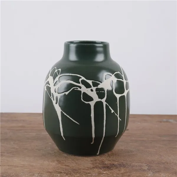 Dark Green Hand Carve Irregular Line Creative Ceramic Flower Vase Pot For Plant Decor photo-2