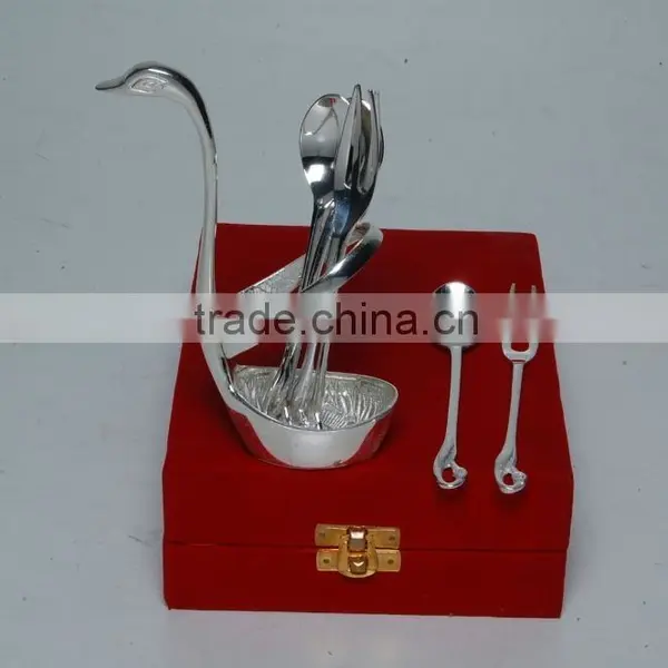 Silver Plated Brass Cutlery Set Of Spoon, Fork And Paster With Stand