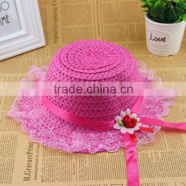 Cute Summer Child Girls Straw,Floppy Flower Beach Hat With Lace Embellishment photo-2
