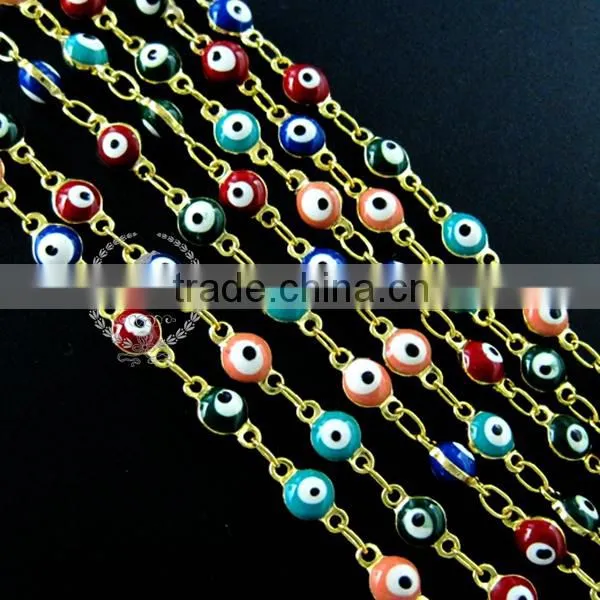 5mm Red,pink,green,blue Enameled Turkish Evil Eye Beads Links Gold Plated Brass Necklace Chain DIY Supplies 1315012 photo-2