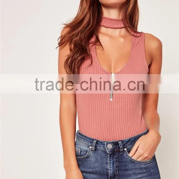 MGOO Elegant 95% Cotton 5% Spandex Bodysuits Ribbed Choker Neck Pink Tops Sleeveless Zip Up Tops photo-2