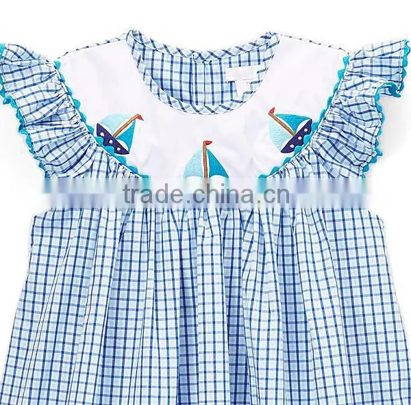 Children Boutique Cotton Frocks Designs Baby Blue Boat Smocked Dress Summer Kids Clothing photo-2
