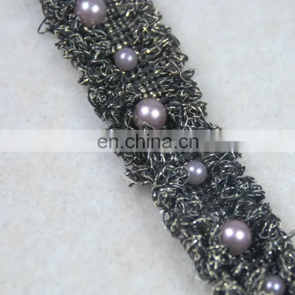 Fashion Black Embroidery Lurex Beaded Pearl Lace Trim Designs photo-6