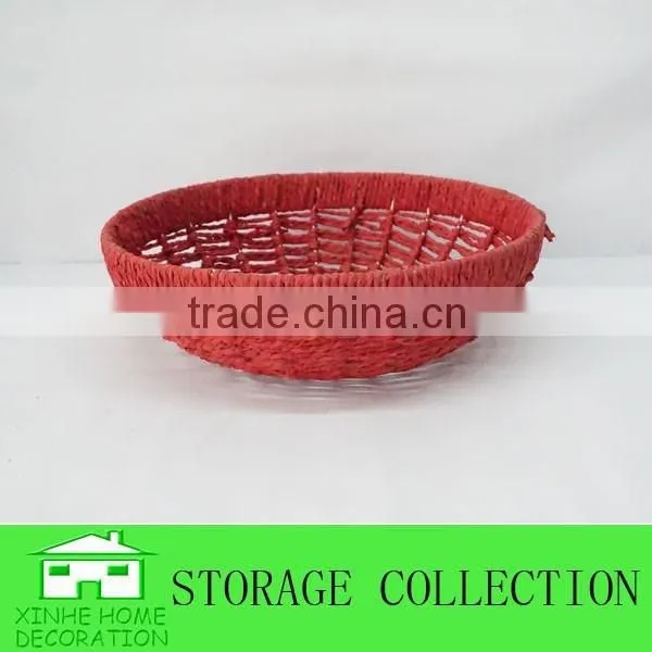 Handmade Round Red Paper Rope Decorative Basket photo-3