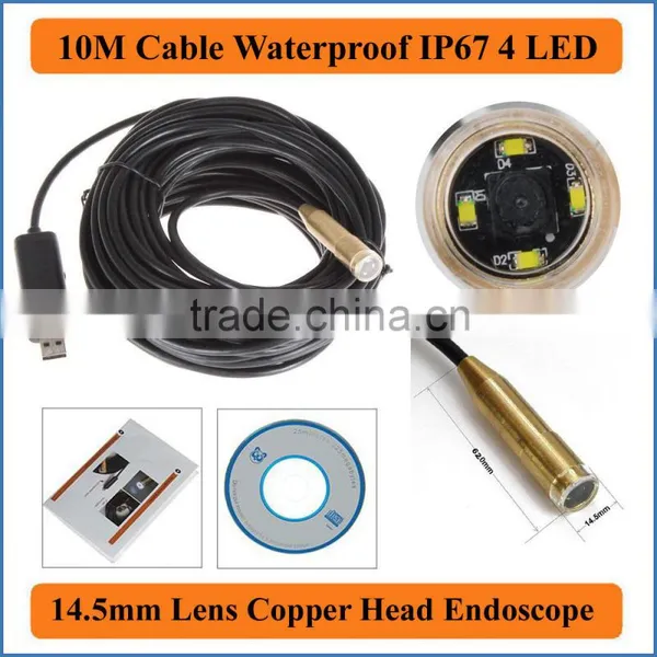 10M USB Cable Length Classic Copper Head Industrial Endoscope 14.5mm Lens USB Endoscope 4 LED IP67 Waterproof Camera Endoscope