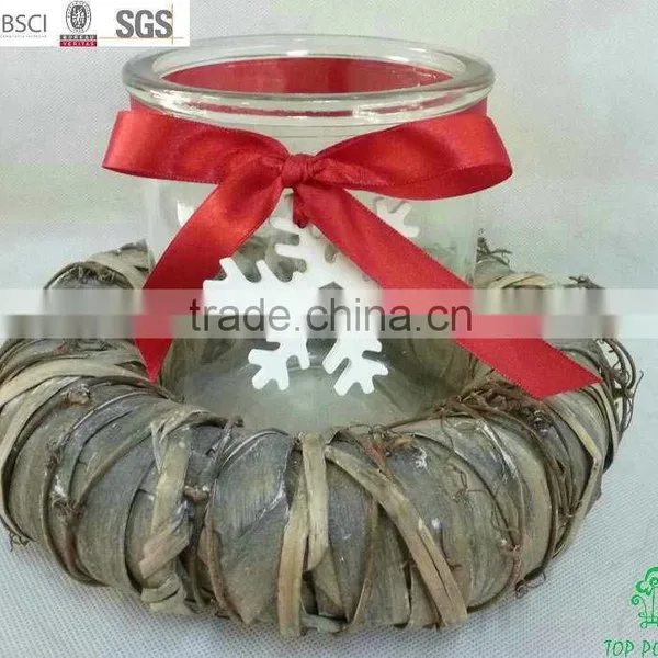 Natural Hurrican Candle Holder With Grey Wicker Ring and Glass and Snowflake photo-3