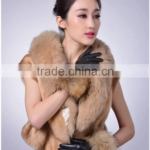 Women's Lambskin Leather Gloves With Plush Raccoon Fur Trim Super Warm photo-2