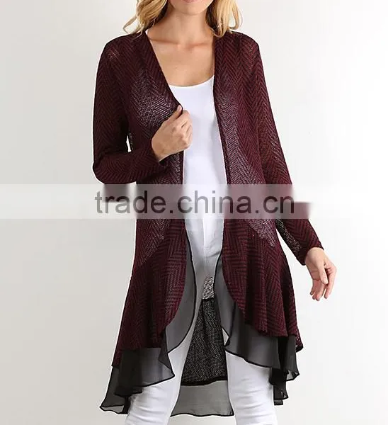 Stylish Girls Women Fashion Burgundy Layered Open Cardigan With Ruffle Hem Polyester Rayon Spandex Cardigan Wholesale photo-2