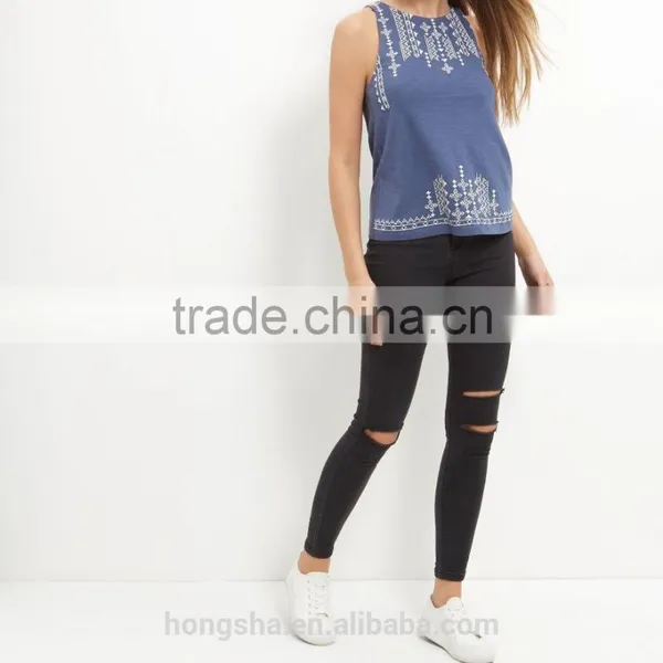 2016 Fashion Summer Blue Embroidered Trim Sleeveless Top HST8042 photo-3