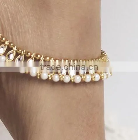 Gold TONE Kundan ANKLETS PAYAL Pair Foot Chain photo-2