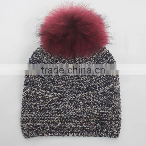 Myfur Multi-Color New Striped Pattern Wool Acrylic Knitting Hat With Real Raccoon Fur Pom Poms photo-3