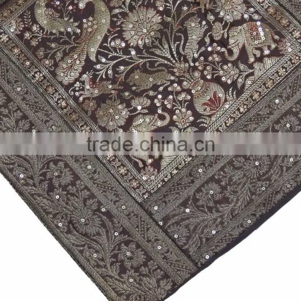Zari Cushion Cover - Brown Peacock Elephant Sari Decorative Sequin Pillow 16" photo-3