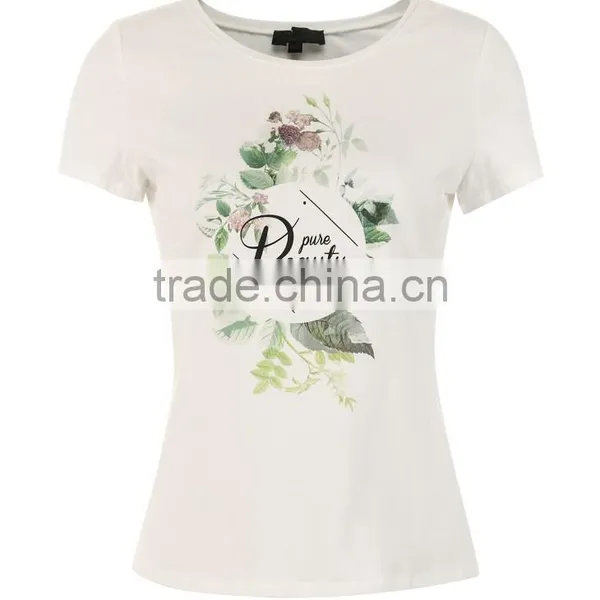 Girls 95% Cotton 5%spandex Skinny Short Sleeve Flower Printing White Tee photo-2