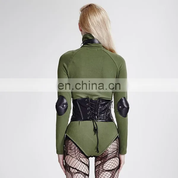 Punk Rave Gothic Military Green Long Sleeve Standing Collar Body T-434 photo-4