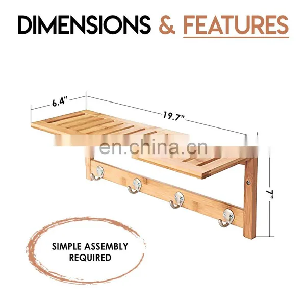 Bamboo Bathroom Shelf Wall Mounted Storage Organizer Towel Shelves Kitchen Living Room With 4 Stainless Steel Hooks photo-5