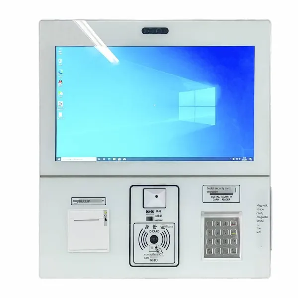 wall-mounted and vertical self-service terminal workstation, ticket printing, ic card, id card, medical insurance card, qr code, high-speed document scanner, fingerprint scanner, camera, temperature measurement, microphone, voice, clinic triage screen, to