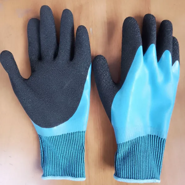 Polyester 13 Gauge Knitted Blue Smooth Latex Back Coated and Black Crinkled Latex Palm Double Coated Water-proof Safety Work Gloves
