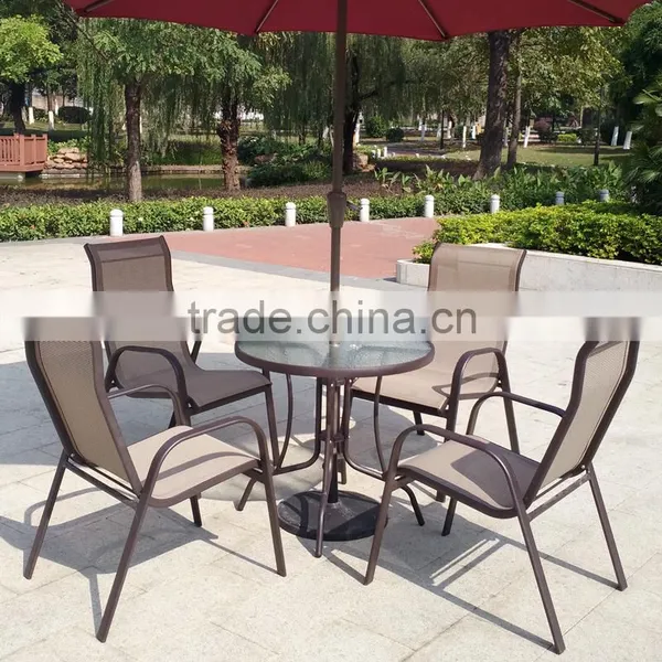 All Weather Proof Coffee Brown 5 Piece Outdoor Garden Balcony Aluminum Sling Patio Furniture Round Glass Dining Table Chair Set photo-2