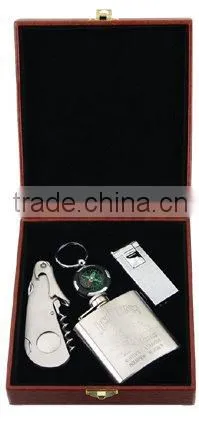 Oil Lighter Cigar Cutter, Corkscrew, Hip Flask in Wooden Box