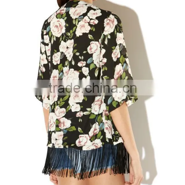 Wholesale Women New Fashion Floral Printed Chiffon Shawl Tops Fringe Tassel Vintage Print Loose Kimono Beach Cover Up Beachwear photo-3