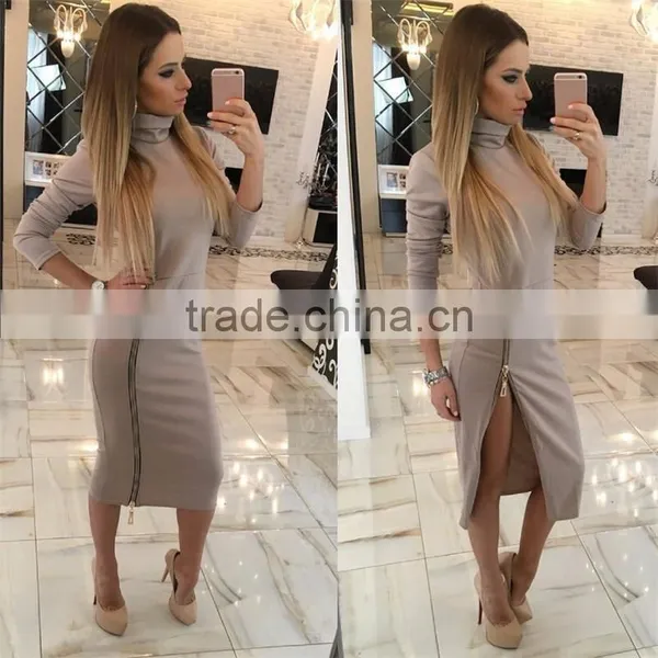 Autumn Sexy Women's High Collar Slim Ladies Long Sleeves Bottom Zipper Zipper Slit Sexy Bodycon Office Dress photo-4