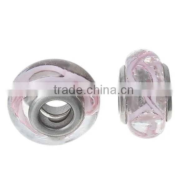 Lampwork Glass European Style Large Hole Beads Round Transparent Pink Ripple With 304 Stainless Steel Silver Tone Core photo-3