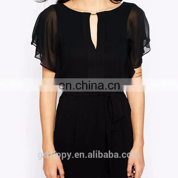 New Arrival Cup Sleeve Cut Out Back Black Chiffon Evening Dresses China photo-4