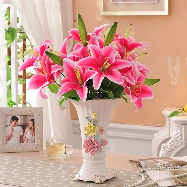 Pink Yellow Lily Rose Morning Glory Hand Made Ceramic Vase Decoration For Living Room photo-3