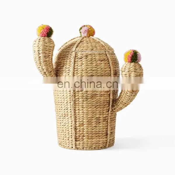 Rustic Water Hyacinth Pompom Cactus Hamper Home Decoration Kid Toy Storage Basket Orgnazer Iron Frame Best Price Wholesale