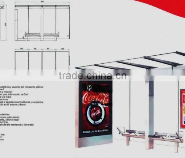 Stainless Steel & Aluminum Outdoor Bus Stop Shelter With LED Light Box & Waiting Chair for City Street Construction