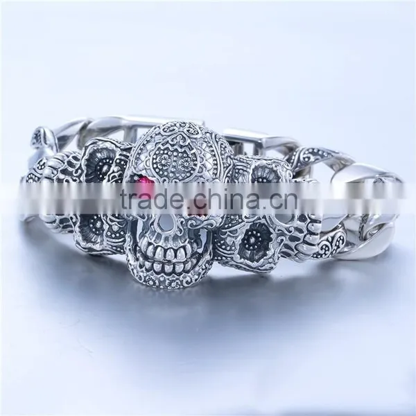 21CM Cool Skull Red CZ Stone Silver Bracelet For Men photo-5