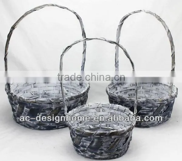 S/3 DK. BLUE WASH ROUND BAMBOO CHIP BASKET W/HANDLE