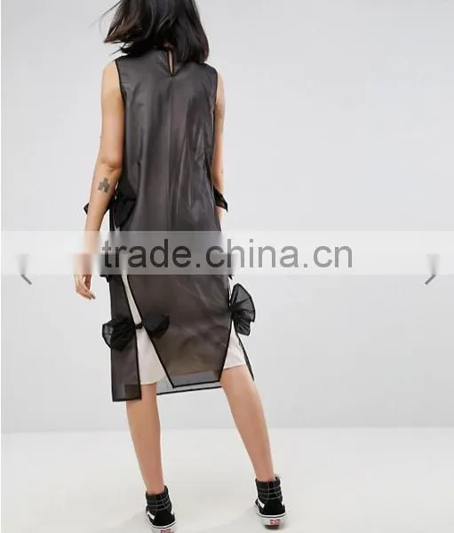 Summer Dress For Women Black Lightweight Organza Contrast Lining Crew Neck Bow Detail Midi Organza Dress photo-2