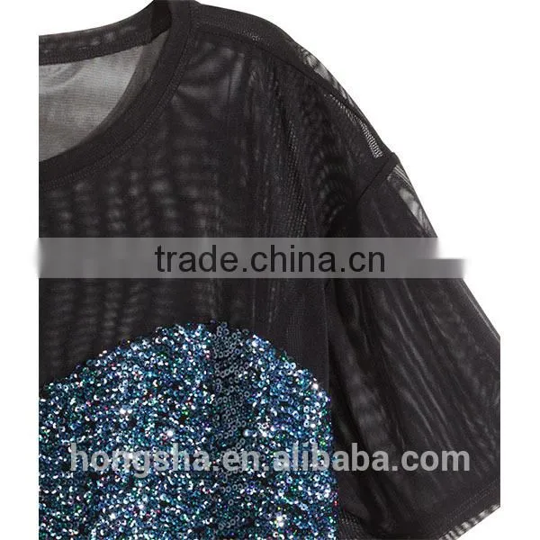 New Arrival Women Short Sleeve Wide Jersey Cropped Mesh Tops HST9262 photo-3