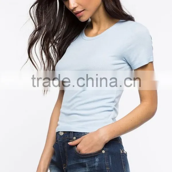 OEM Service Women Cheap Ribbed Knit Plain Slim Fit t Shirt photo-3