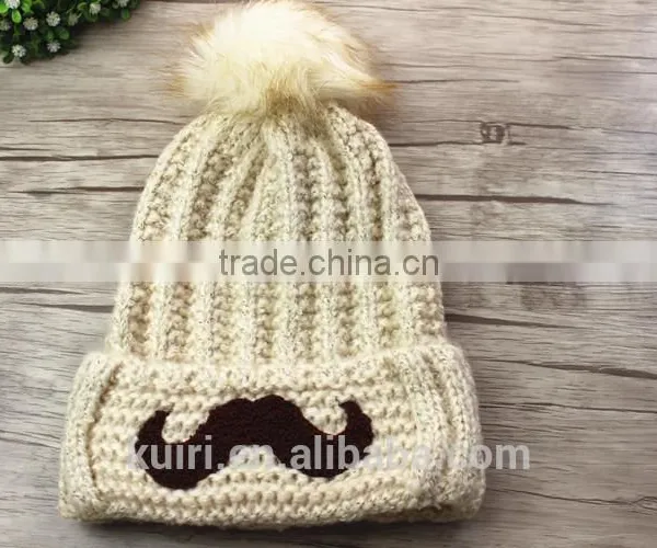 Cartoon Smile Face Lovely Acrylic Knitted With Faux Fur Ball Beanie Women Men Autumn Winter Cap Warm Hat photo-5